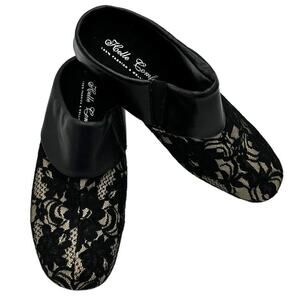 HELLE COMFORT Black Beige Lace Yami Slip On Shoes Size 6.5/7 EU size 37